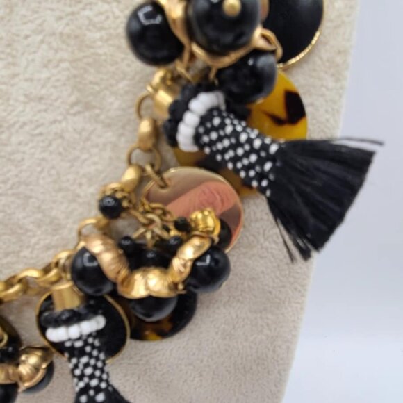 J Crew Black Tassel Gold Tone Disk Tortoise Charm Link Necklace - Picture 6 of 11